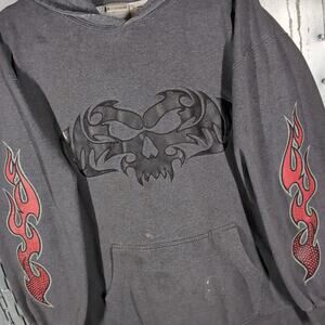 No Boundaries Vintage Y2K Distressed Skull Flame Grunge Hoodie Sweatshirt Large